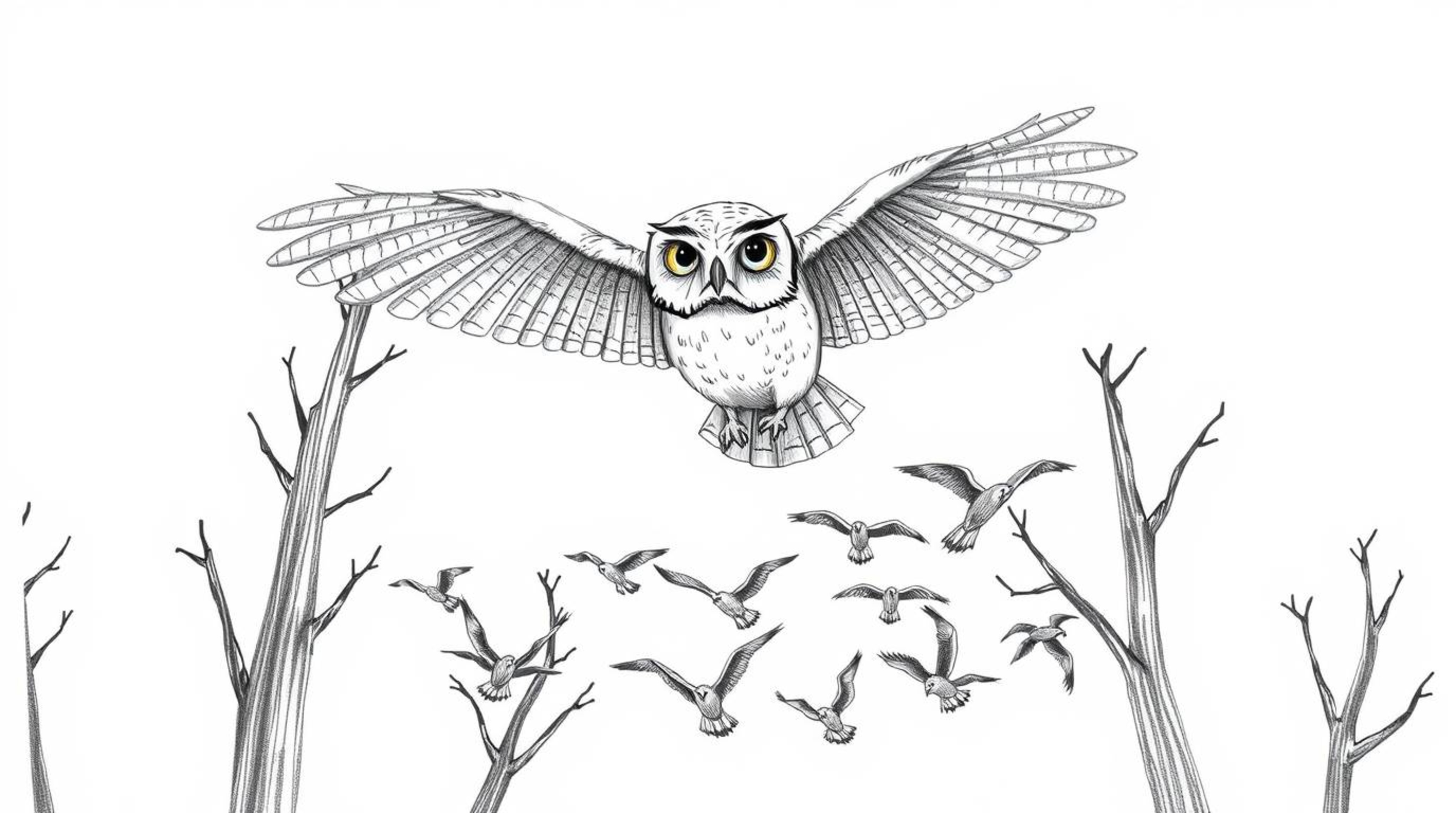 A captivating image featuring a blind owl, rendered in a textured, hand-drawn pencil style akin to Pixar animation. The owl g