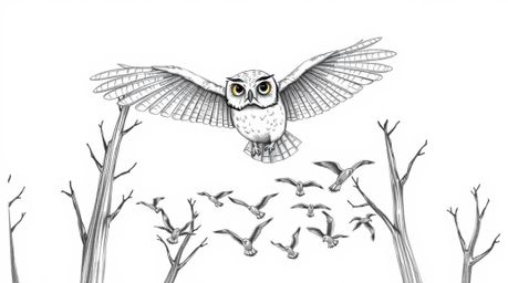 A captivating image featuring a blind owl, rendered in a textured, hand-drawn pencil style akin to Pixar animation. The owl g