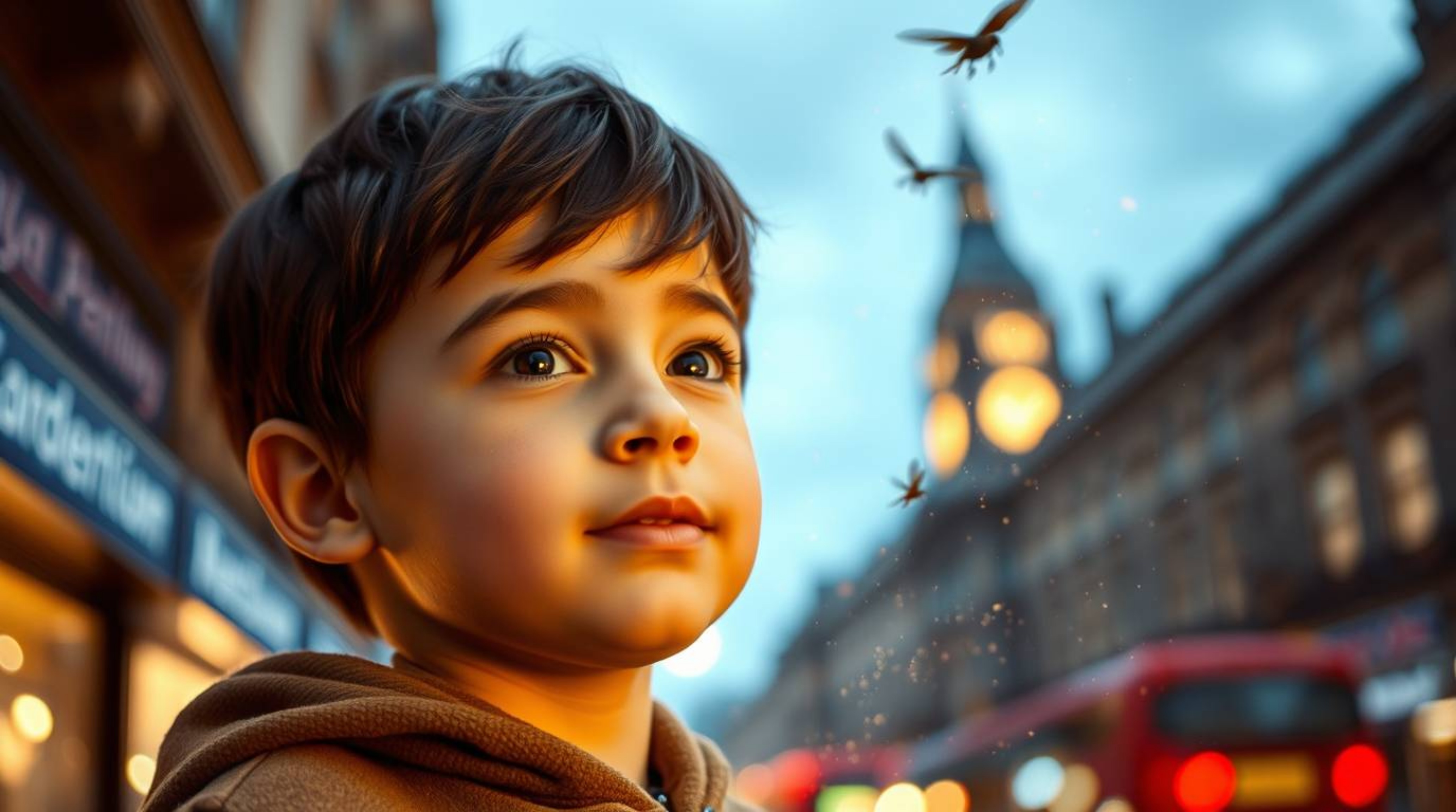 A captivating image of a young boy with delicate features soaring above the London skyline, sprinkled with pixie dust.  This 