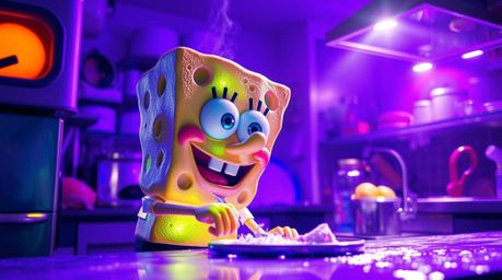 A vibrant and surreal scene depicts a sponge character with glowing, iridescent skin expertly cooking in a brightly lit under