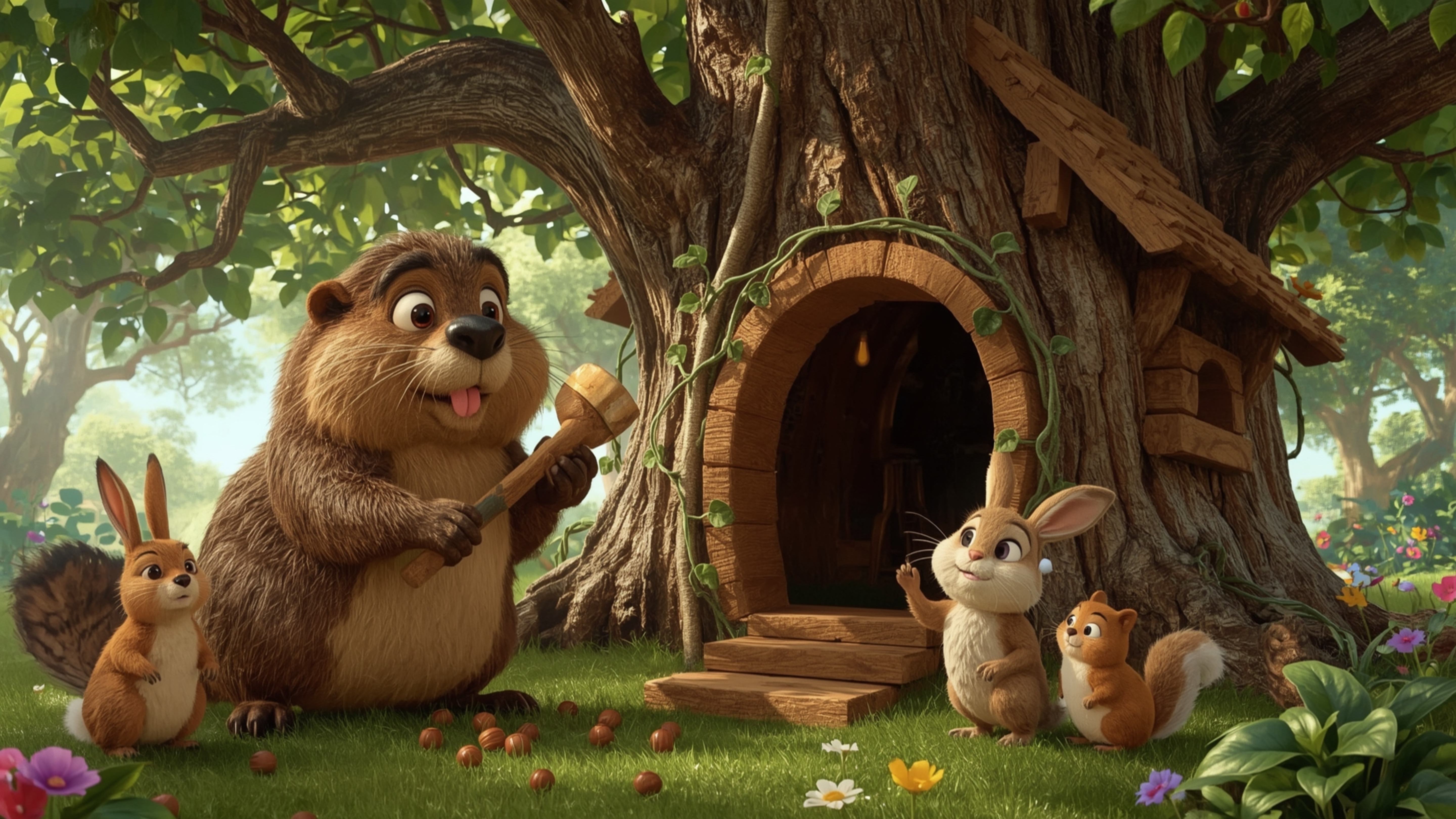 A detailed, high-resolution, commercial-grade stock photo of a beaver, expertly crafted in a vibrant, whimsical Pixar style, 