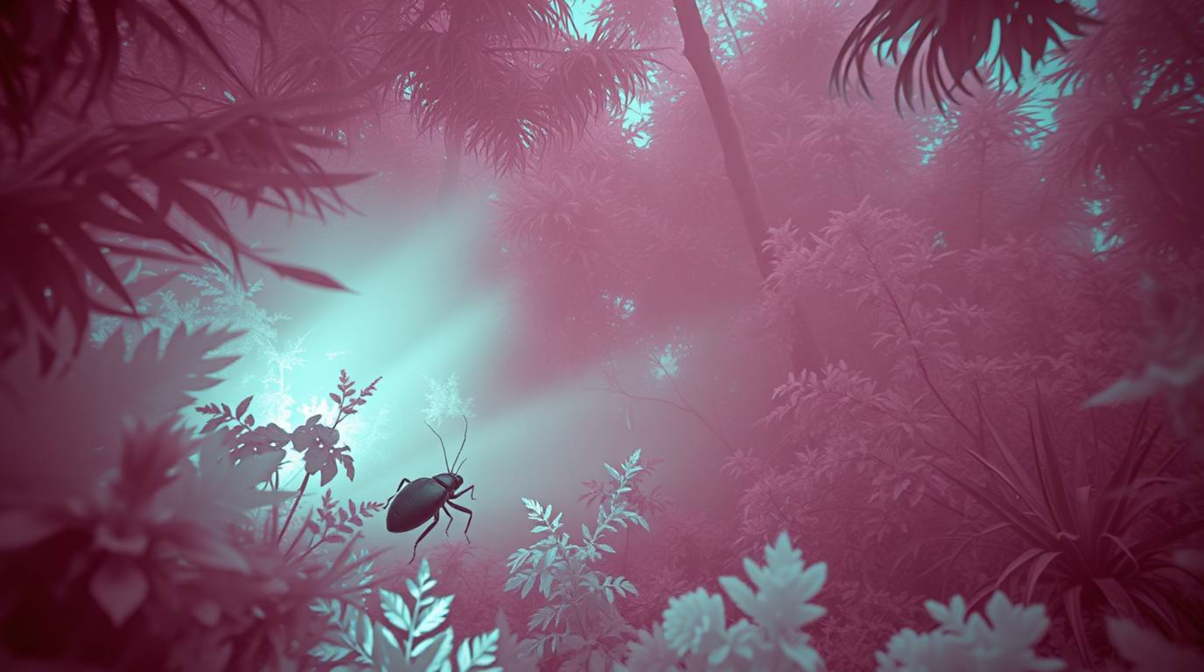 Explore a surreal, otherworldly landscape through the eyes of a bug-sized hero in a backyard jungle, captured with striking i