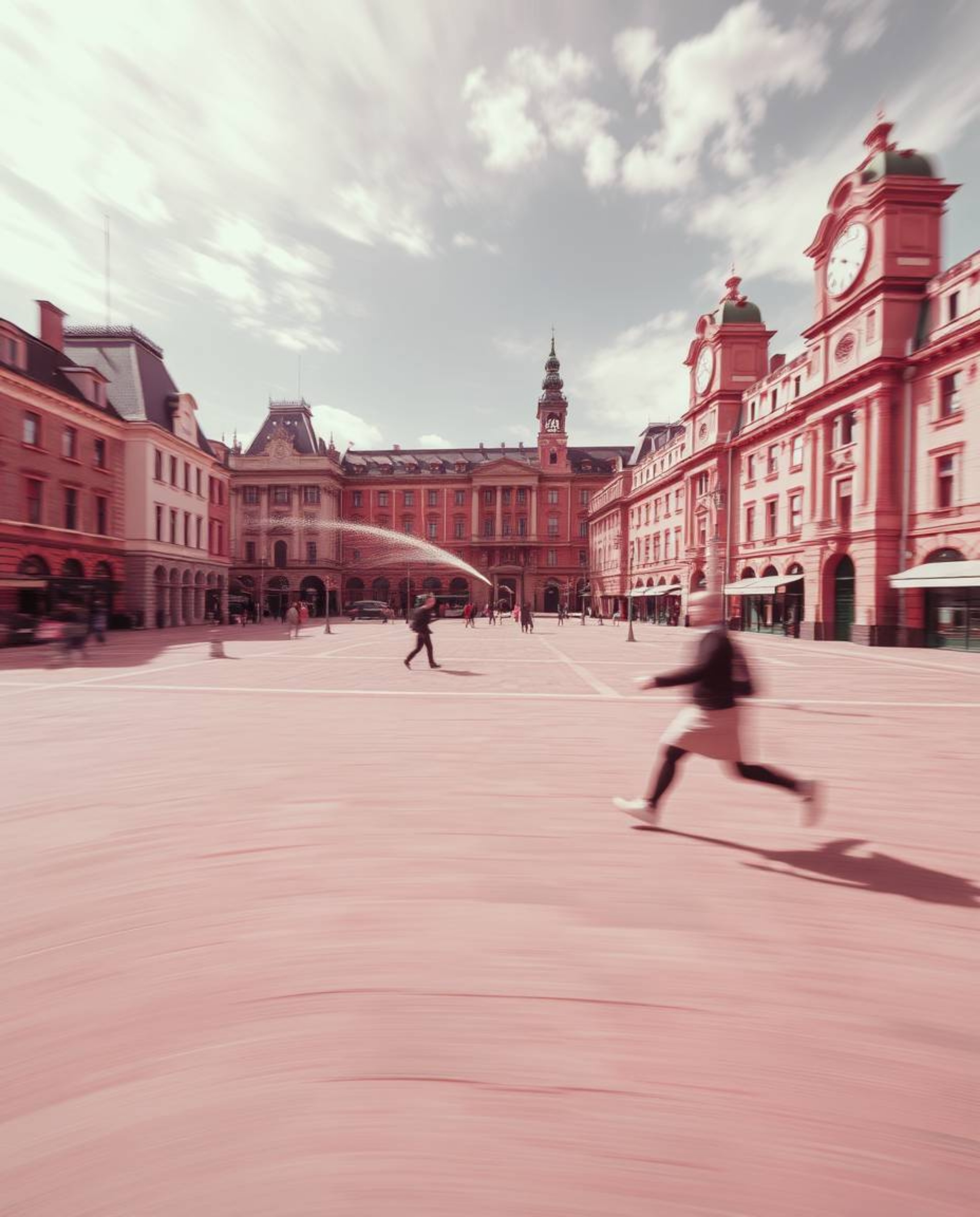 Experience a dynamic motion surreal image depicting an empty town square bathed in infrared tones, creating an otherworldly a