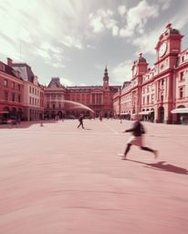 Experience a dynamic motion surreal image depicting an empty town square bathed in infrared tones, creating an otherworldly a