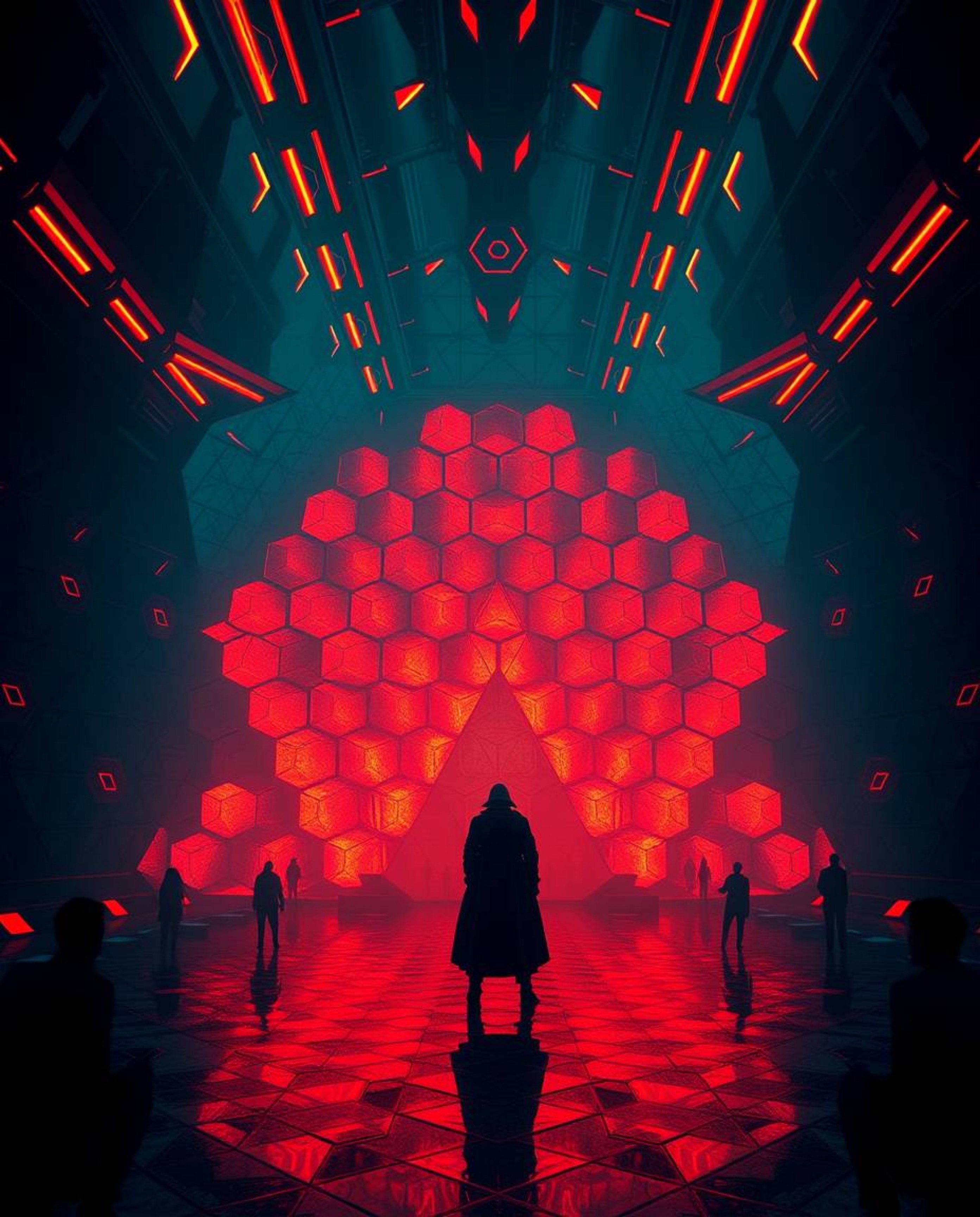 A captivating modern futuristic artwork featuring a dramatic chiaroscuro lighting style.  The scene boasts a seamless geometr