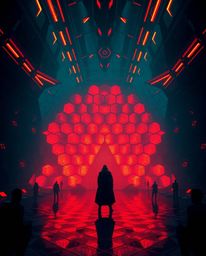 A captivating modern futuristic artwork featuring a dramatic chiaroscuro lighting style.  The scene boasts a seamless geometr
