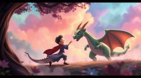 Experience a dreamy atmosphere reminiscent of 1950s animation, featuring a charming prince bravely battling a dragon. The sce