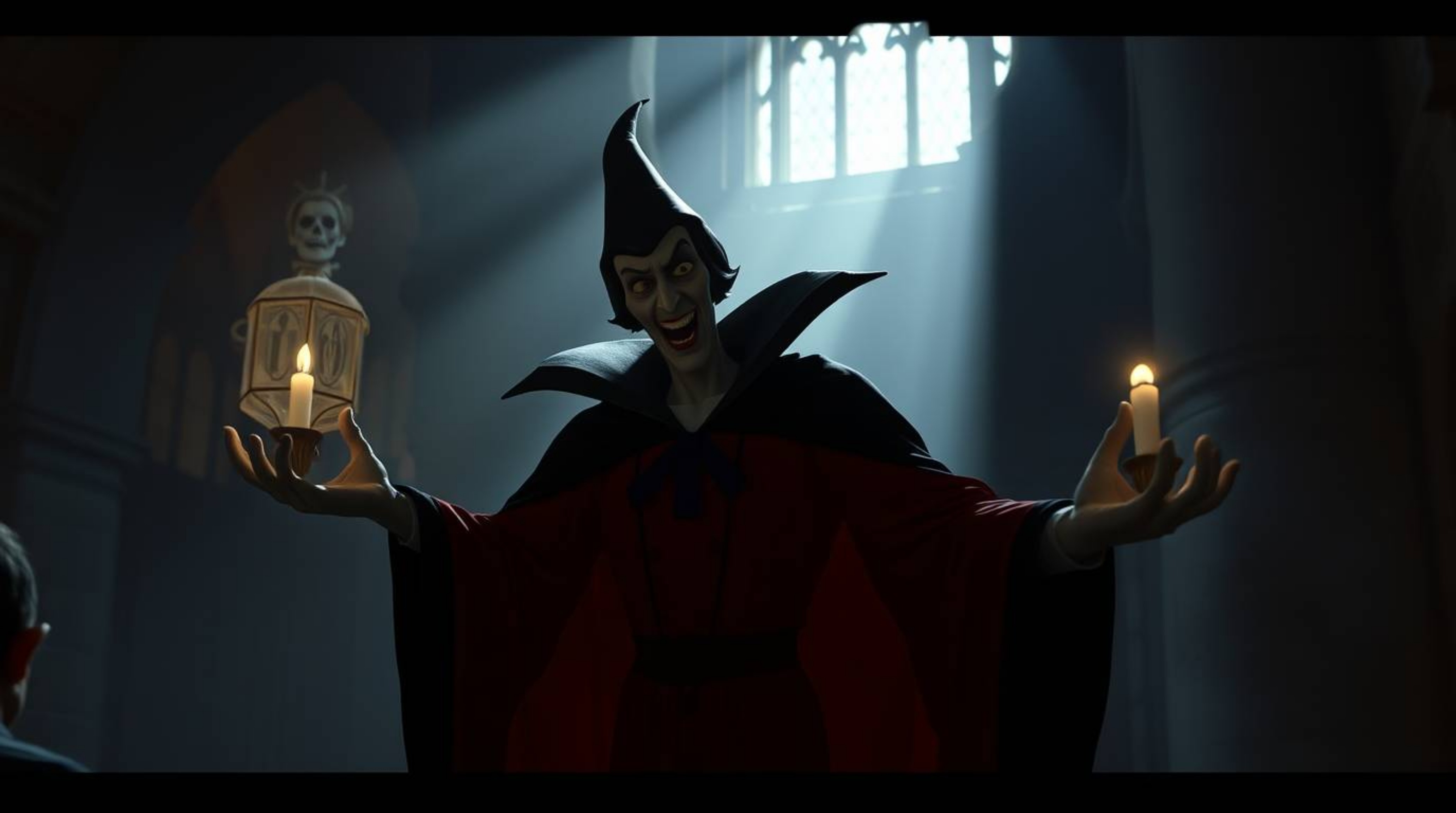 A classic Disney villain casts a spell within the ancient walls of a crumbling castle.  The scene is bathed in chiaroscuro li