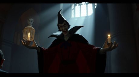 A classic Disney villain casts a spell within the ancient walls of a crumbling castle.  The scene is bathed in chiaroscuro li