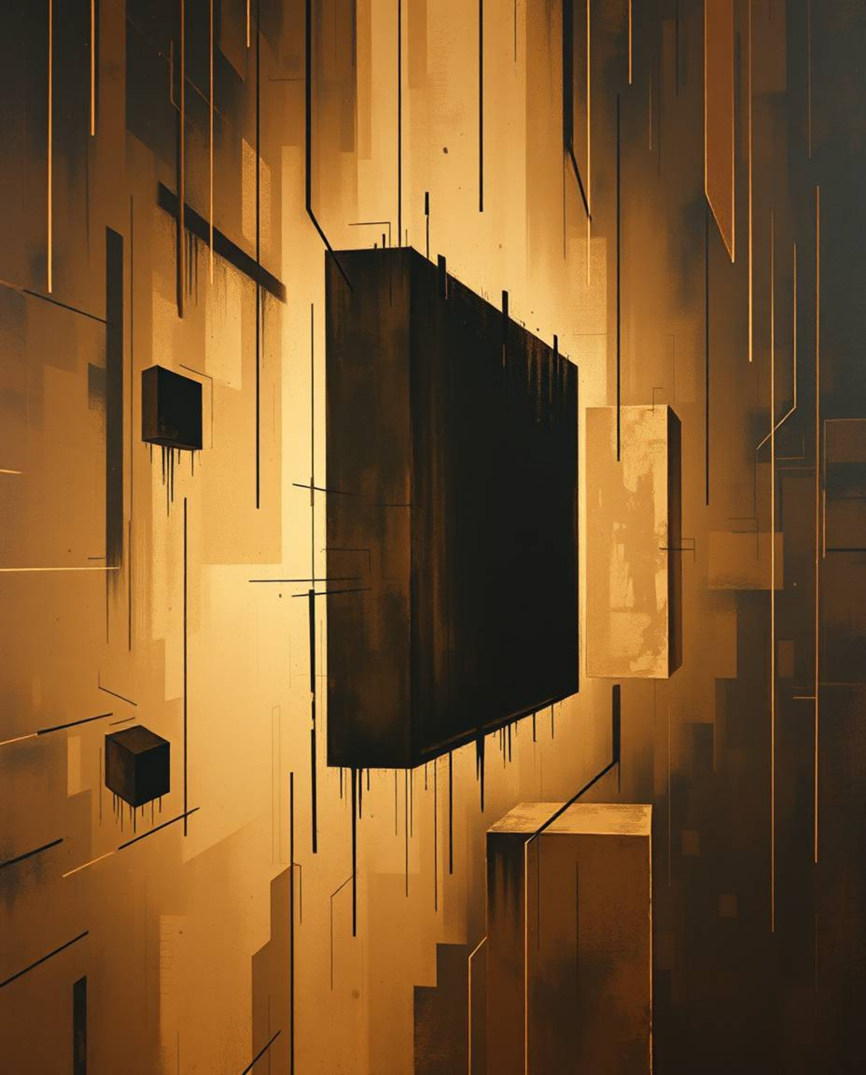 A chiaroscuro painting depicting glitched geometric shapes gracefully floating within an earthy-toned cyberspace matrix. The 
