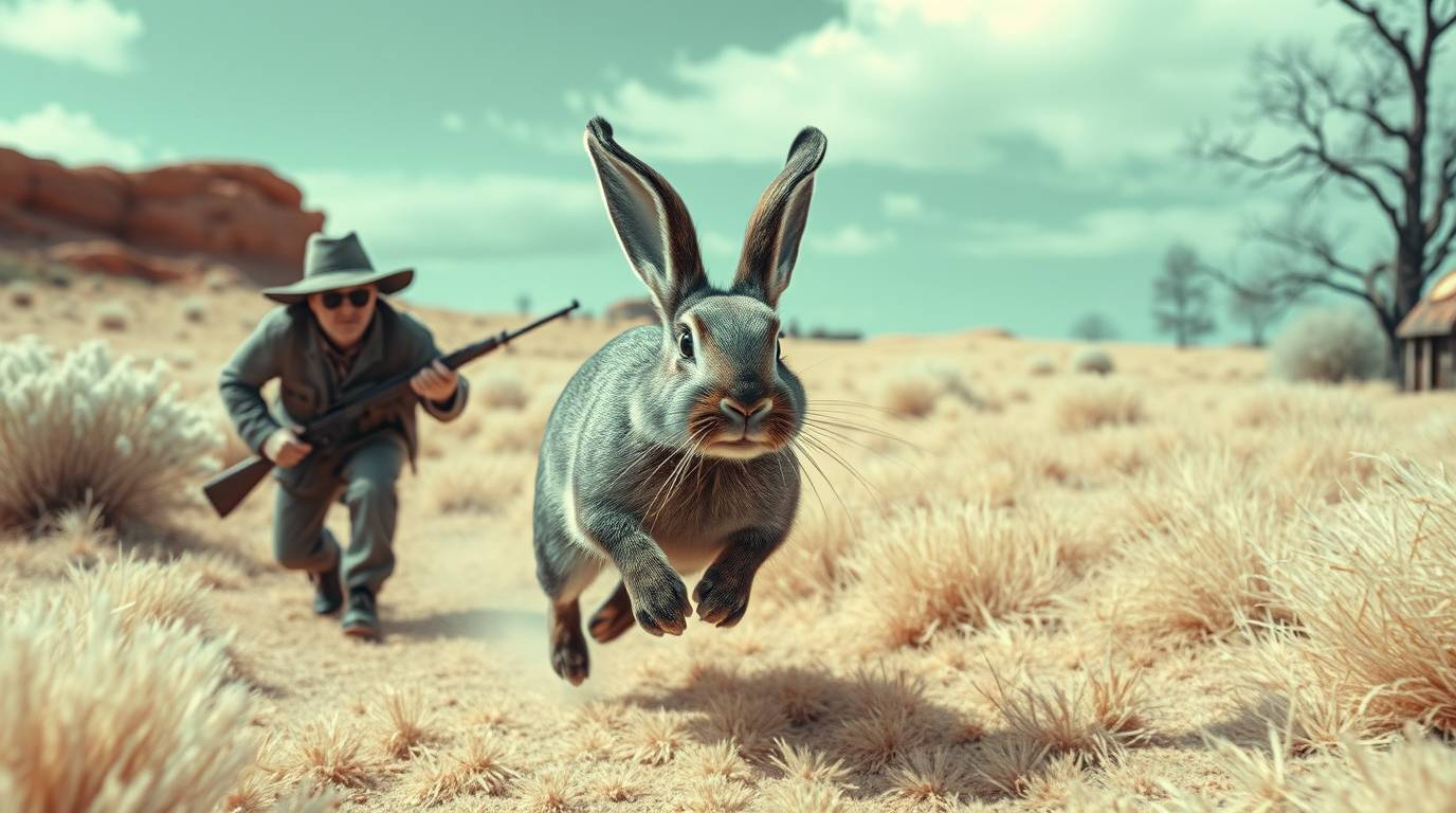 Witness a bizarre scene of a wacky rabbit with floppy ears desperately outrunning a determined hunter across an otherworldly 