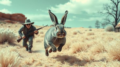 Witness a bizarre scene of a wacky rabbit with floppy ears desperately outrunning a determined hunter across an otherworldly 