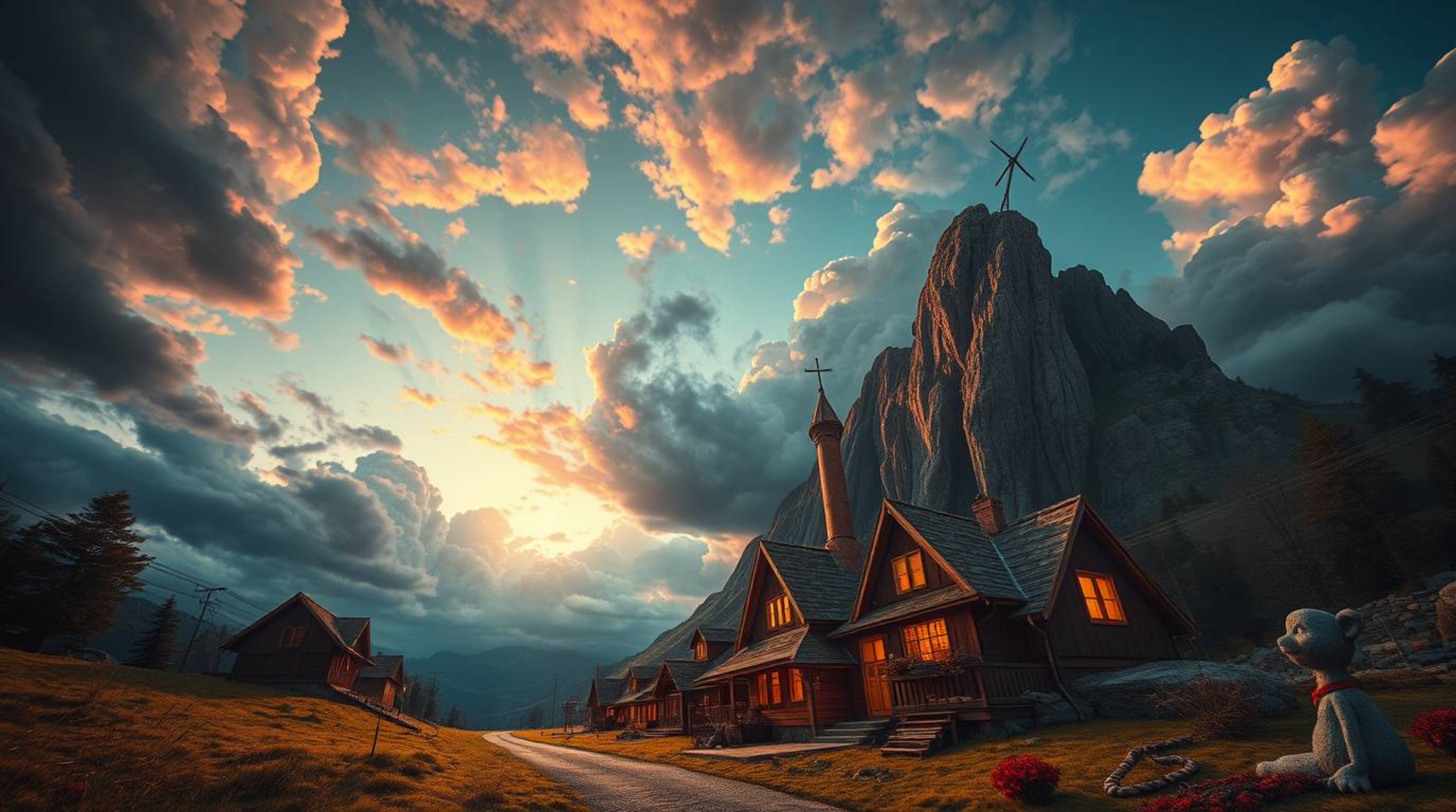 Immerse yourself in a dreamlike scene: a cozy village nestled in a vibrant valley, bathed in the light of a colorful and fant