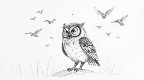 A heartwarming hand-drawn sketch in the style of Pixar depicts a wise, blind owl gently guiding a flock of birds to fly.  Ren