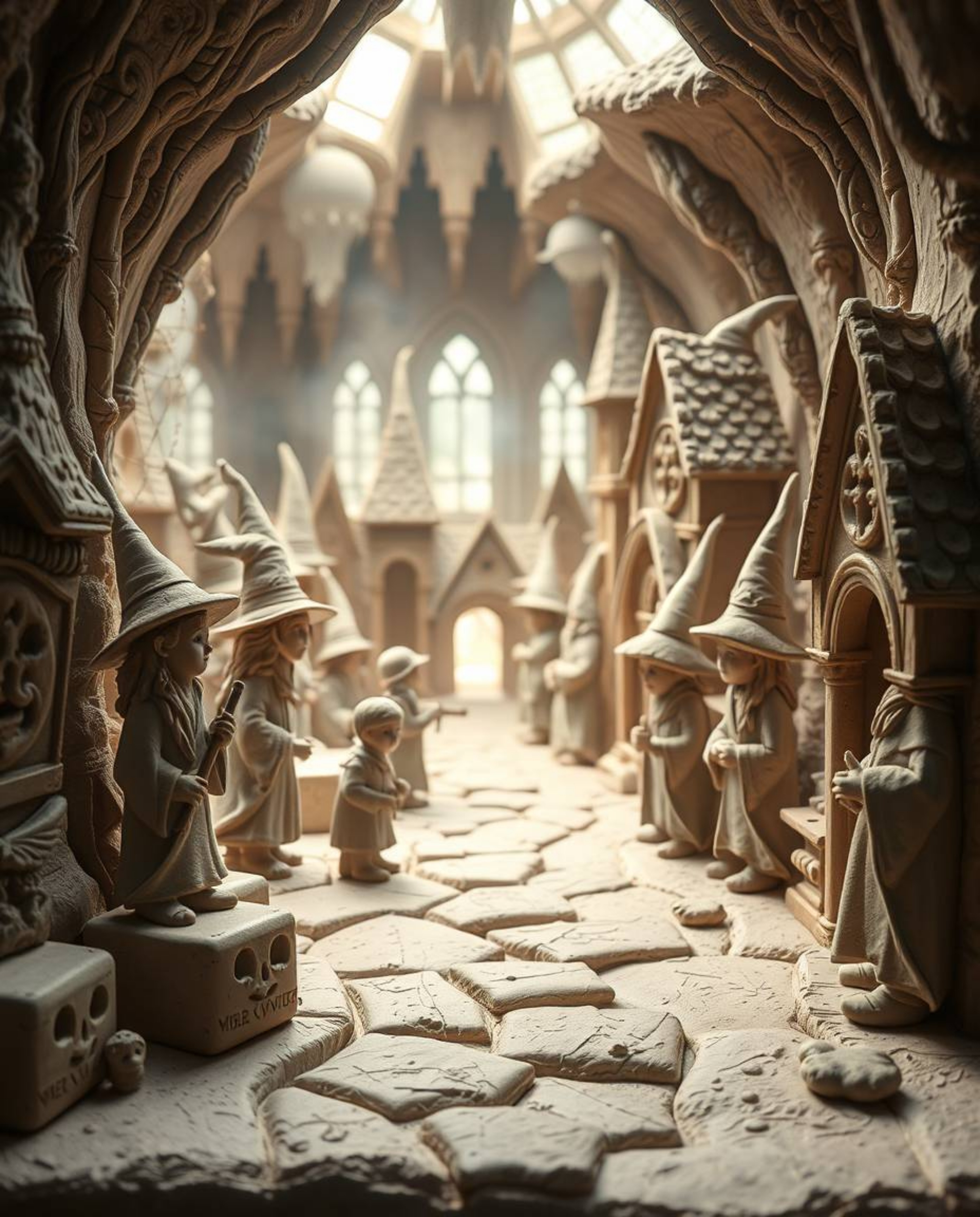 Discover captivating sculptural clay art depicting a magical school brimming with young wizards.  The artwork evokes a soft, 