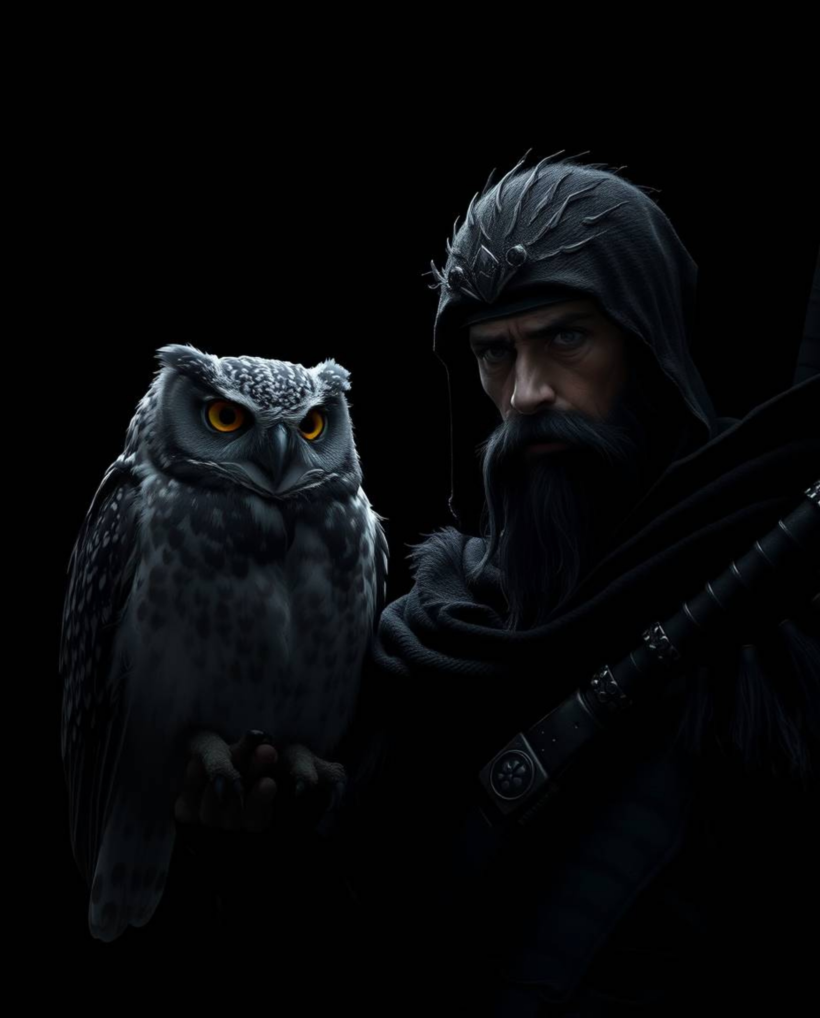 A stoic warrior embarks on a perilous journey, aided by a wise and mysterious talking owl sidekick. Rendered in stark black