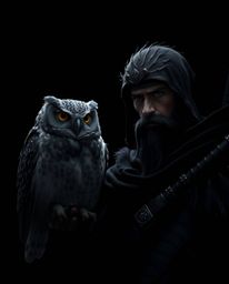 A stoic warrior embarks on a perilous journey, aided by a wise and mysterious talking owl sidekick.  Rendered in stark black 