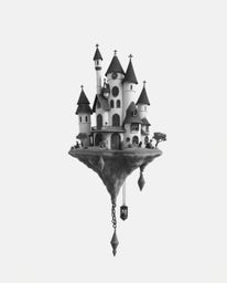 This classic black and white photograph captures an adorable and charming surreal floating island, showcasing its strange arc