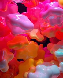 This captivating architectural color photography showcases floating 3D blobs of fluid jelly, rendered in vibrant colors and s