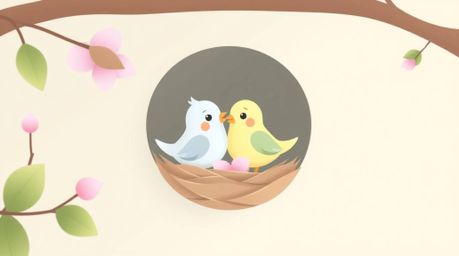 A delightful modern flat design featuring soft pastel colors, showcasing two cartoon birds diligently building a nest in a cl