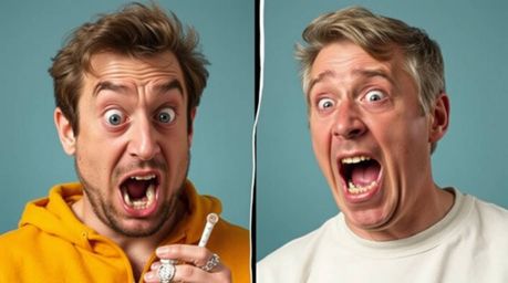 This 16:9 scene depicts a hilarious gross-out comedy moment featuring exaggerated facial expressions.  The split composition 