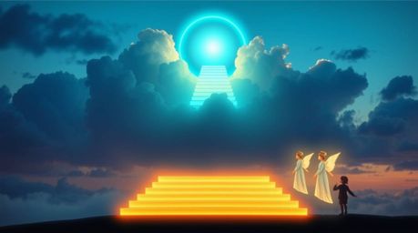 A bioluminescent logo showcasing steps of light ascending into a cloudy sky creates a dreamlike and peaceful scene. Angelic f