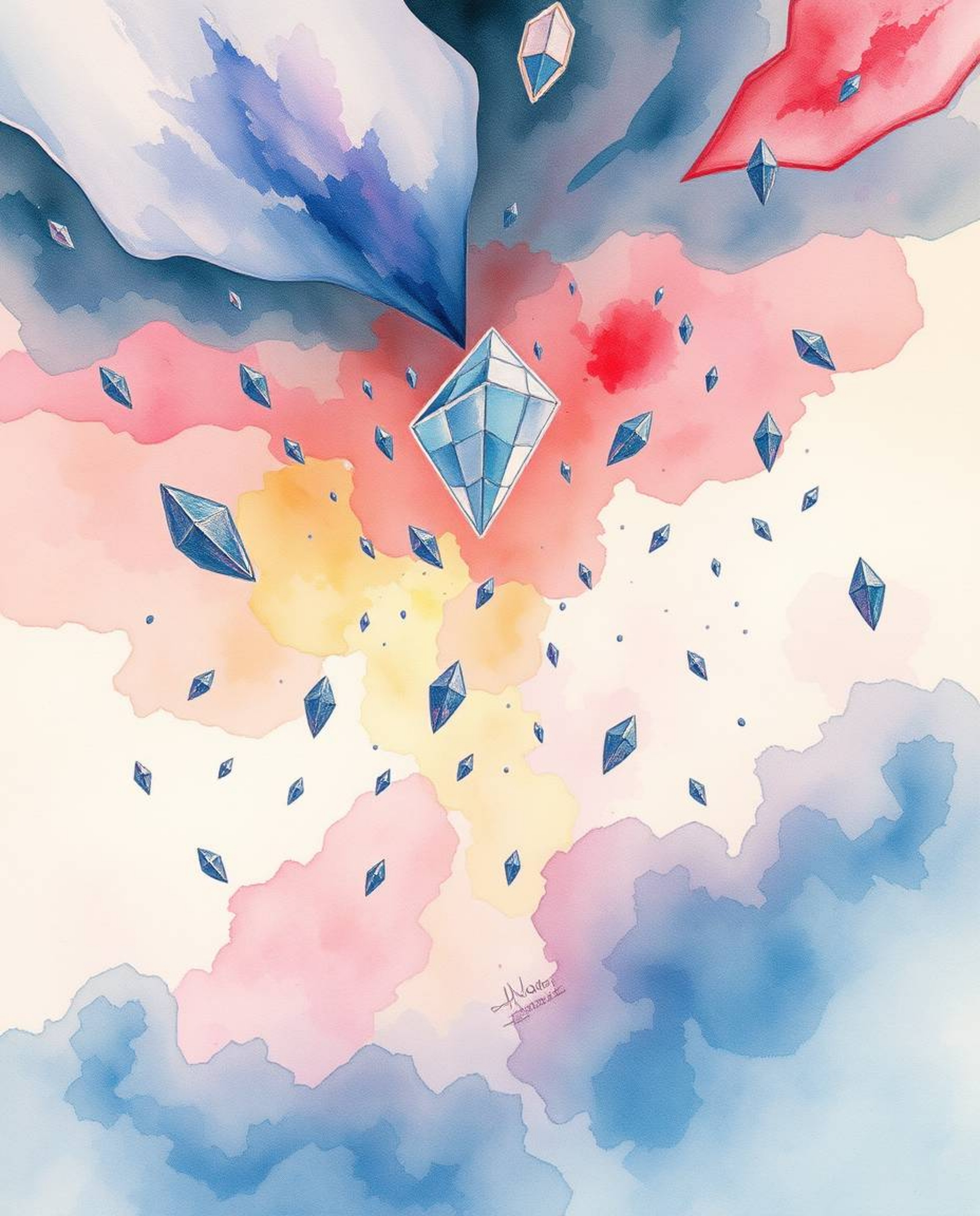 Explore a mesmerizing world captured in delicate watercolor, showcasing iridescent colors and surreal storms where objects fl