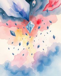 Explore a mesmerizing world captured in delicate watercolor, showcasing iridescent colors and surreal storms where objects fl