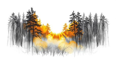 A captivating hand-drawn sketch depicting a misty forest at golden hour, rendered with intense dramatic lighting and high con