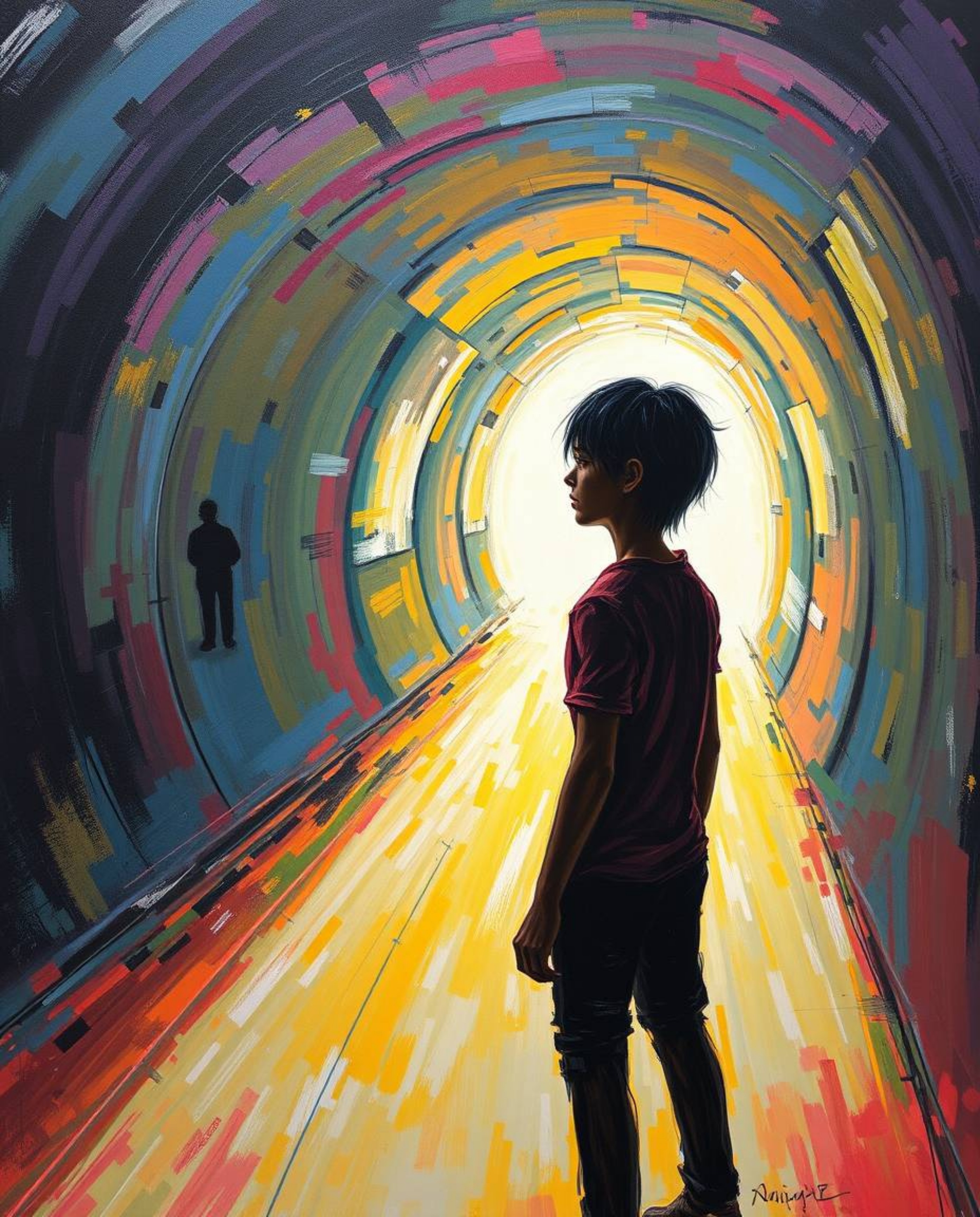 This bold acrylic painting captures a person with olive skin and dark hair standing at the edge of a tunnel, captivated by a 