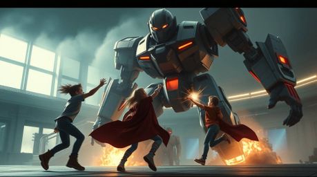 Witness an epic showdown! Three superpowered children bravely confront a colossal robot in a stunning, futuristic cityscape. 