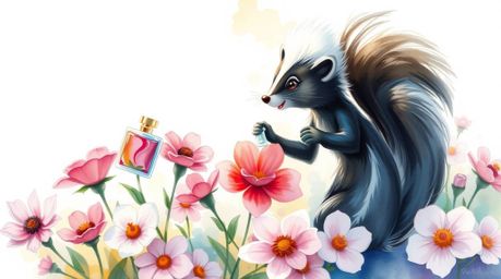 A whimsical watercolor painting showcasing a cartoon skunk delicately spraying perfume onto flowers. The artwork features str