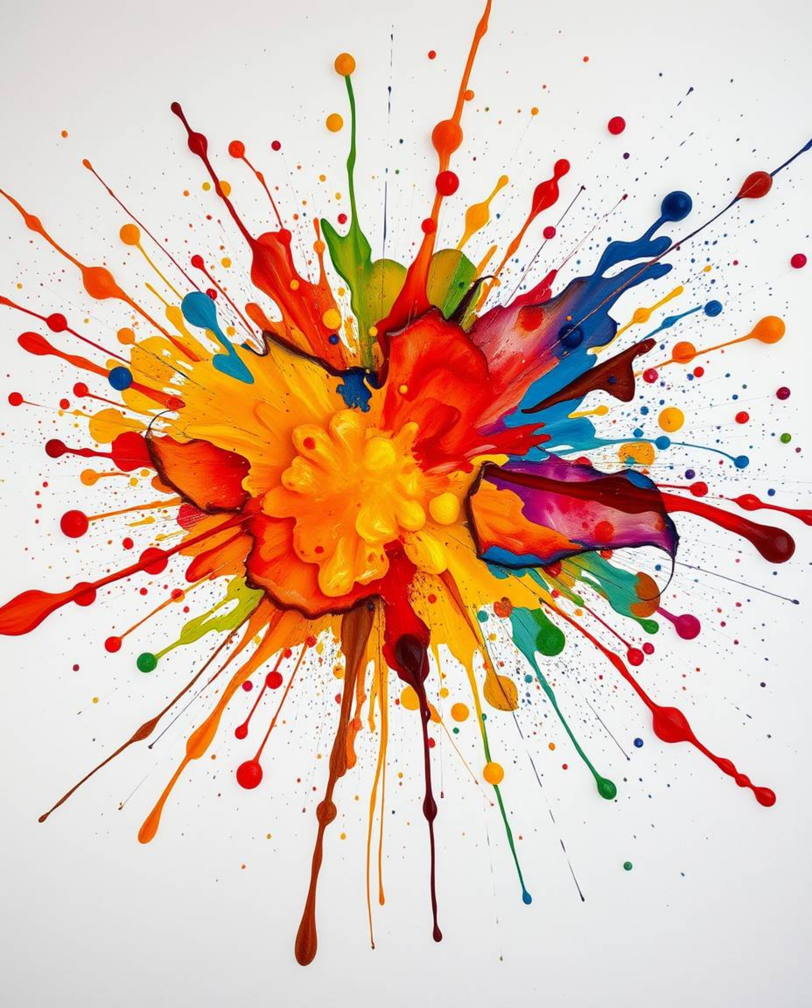 This high-resolution stock photo features a vibrant explosion of colorful paint splashes against a clean white canvas. The hi
