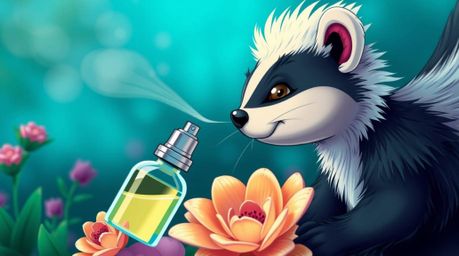 A tight, close-up shot featuring a cartoon skunk delicately spraying perfume onto flowers, rendered in cool blues, greens, an