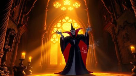 A classic Disney villain casts a spell within the warm, golden glow of an ancient castle. The image boasts a radiant and lux