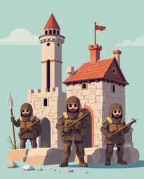 Explore a unique battlefield scene featuring cute and charming time-warped soldiers amidst crumbling buildings, all rendered 