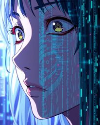 A captivating close-up in the style of Isekai anime showcases a detailed and expressive face undergoing a digital glitch tran