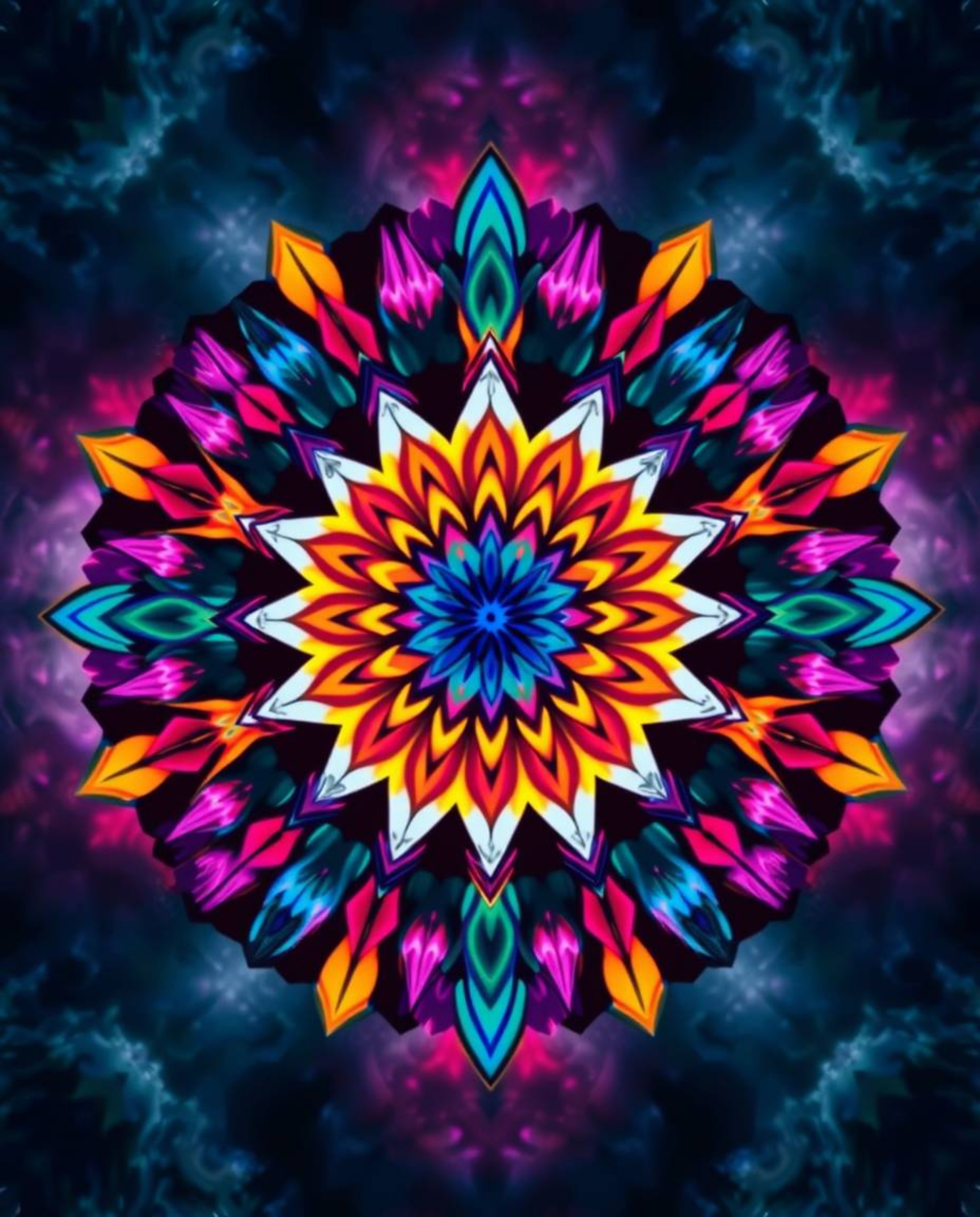 Explore a geometric floral mandala art piece boasting vibrant colors and a symmetric design, radiating a lively and energetic
