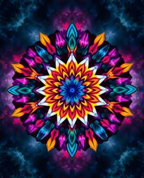 Explore a geometric floral mandala art piece boasting vibrant colors and a symmetric design, radiating a lively and energetic