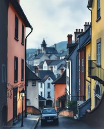 Discover a charming sleepy town depicted in a stunning chiaroscuro watercolor style.  Pastel-colored houses stand in strong c