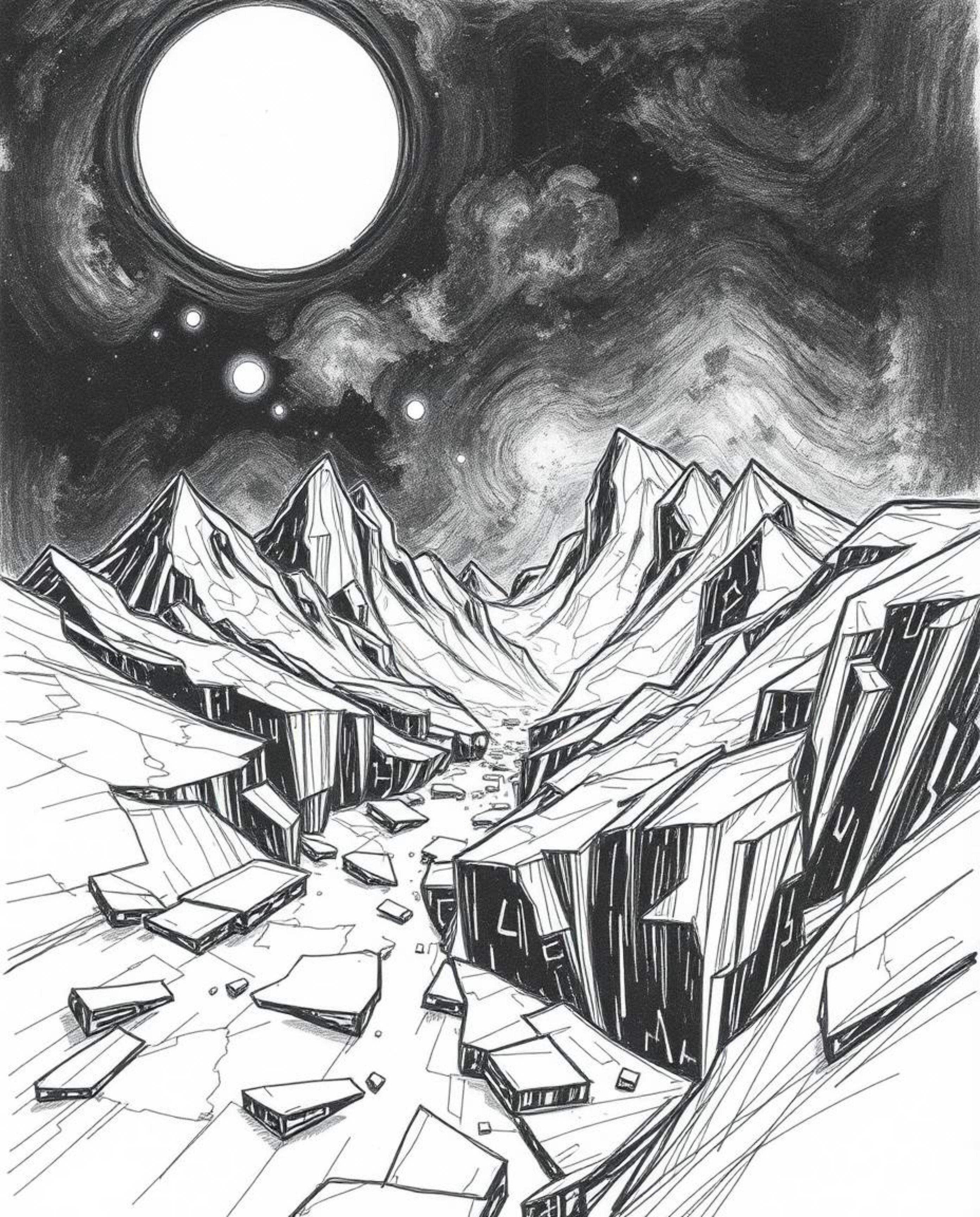 Explore a hand-drawn sketch of a digital glitch landscape, breaking apart in a strong, moody style. This artwork features low