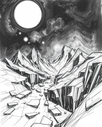 Explore a hand-drawn sketch of a digital glitch landscape, breaking apart in a strong, moody style. This artwork features low
