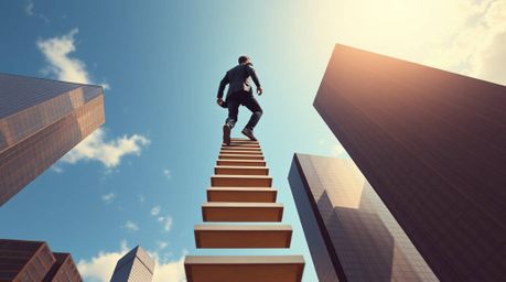 An elegant oil painting depicts the abstract concept of success. A businessperson gracefully ascends a transparent ladder dis