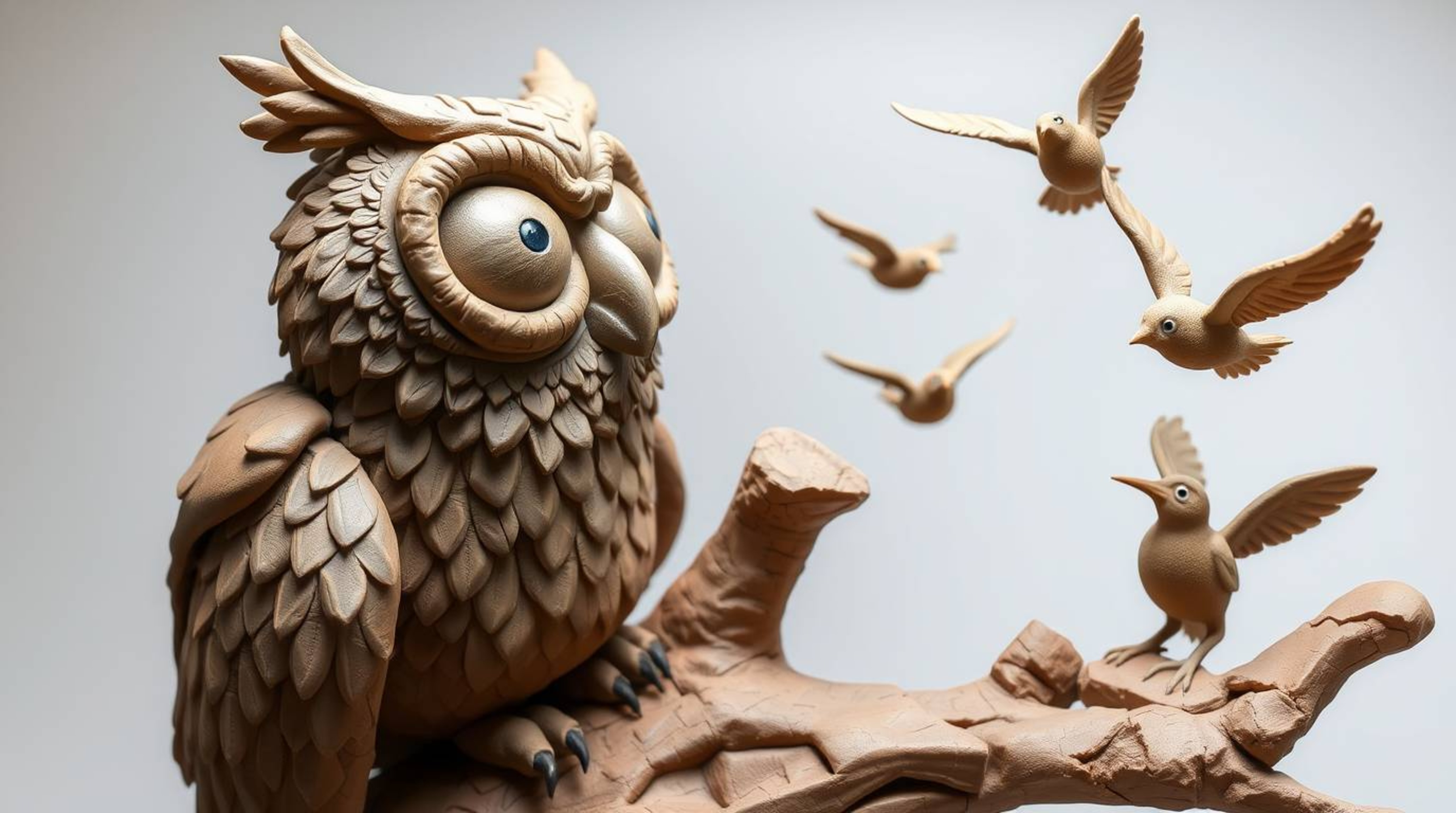 A captivating sculptural clay artwork depicting a blind owl, rendered in a charming Pixar-esque style, whispering words of en