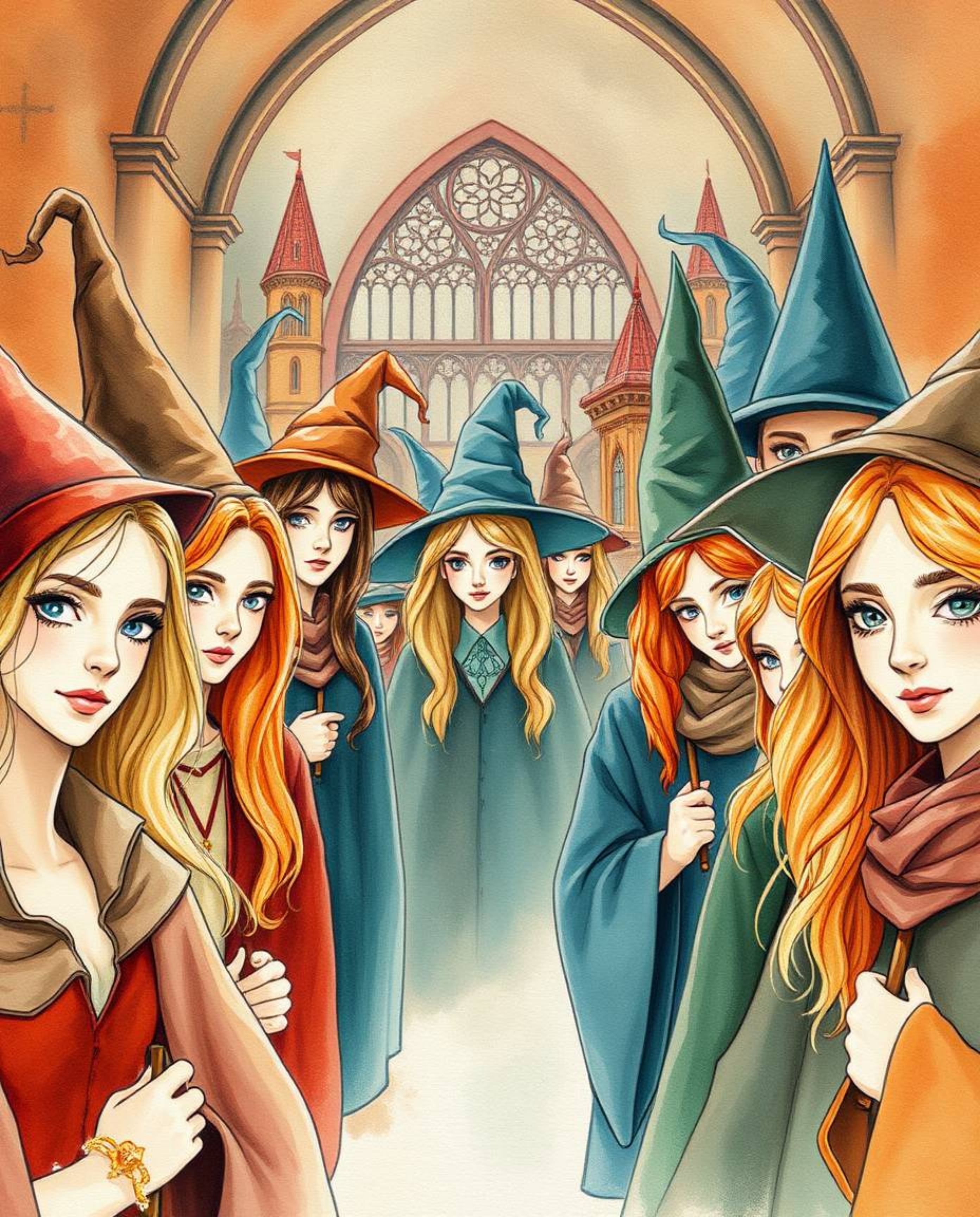 This graceful and elegant watercolor painting depicts a magical school brimming with young wizards. The artwork features an e