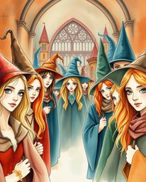 This graceful and elegant watercolor painting depicts a magical school brimming with young wizards. The artwork features an e