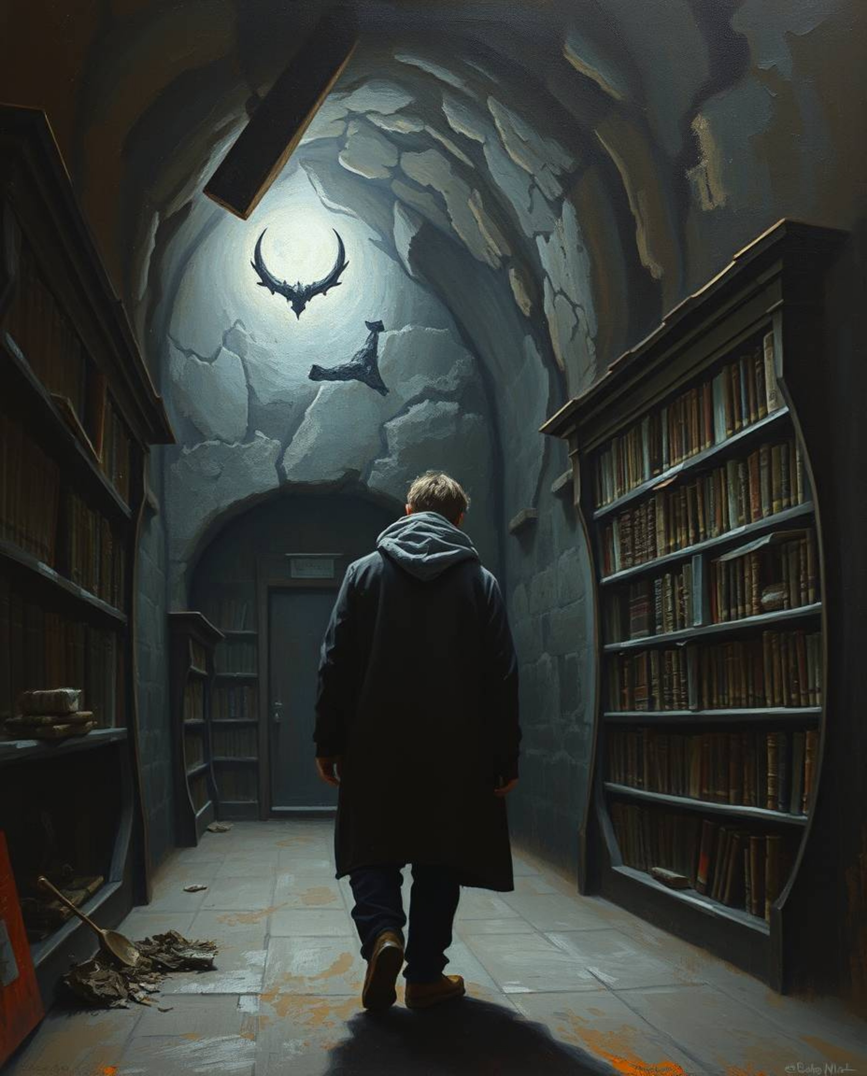 A classic oil painting in a strong, moody style depicts a person discovering a hidden underground library. The artwork featur