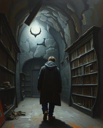 A classic oil painting in a strong, moody style depicts a person discovering a hidden underground library. The artwork featur