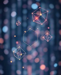 Download this high-resolution stock photo featuring glitched geometric shapes floating in a blurred bokeh cyberspace.  The im