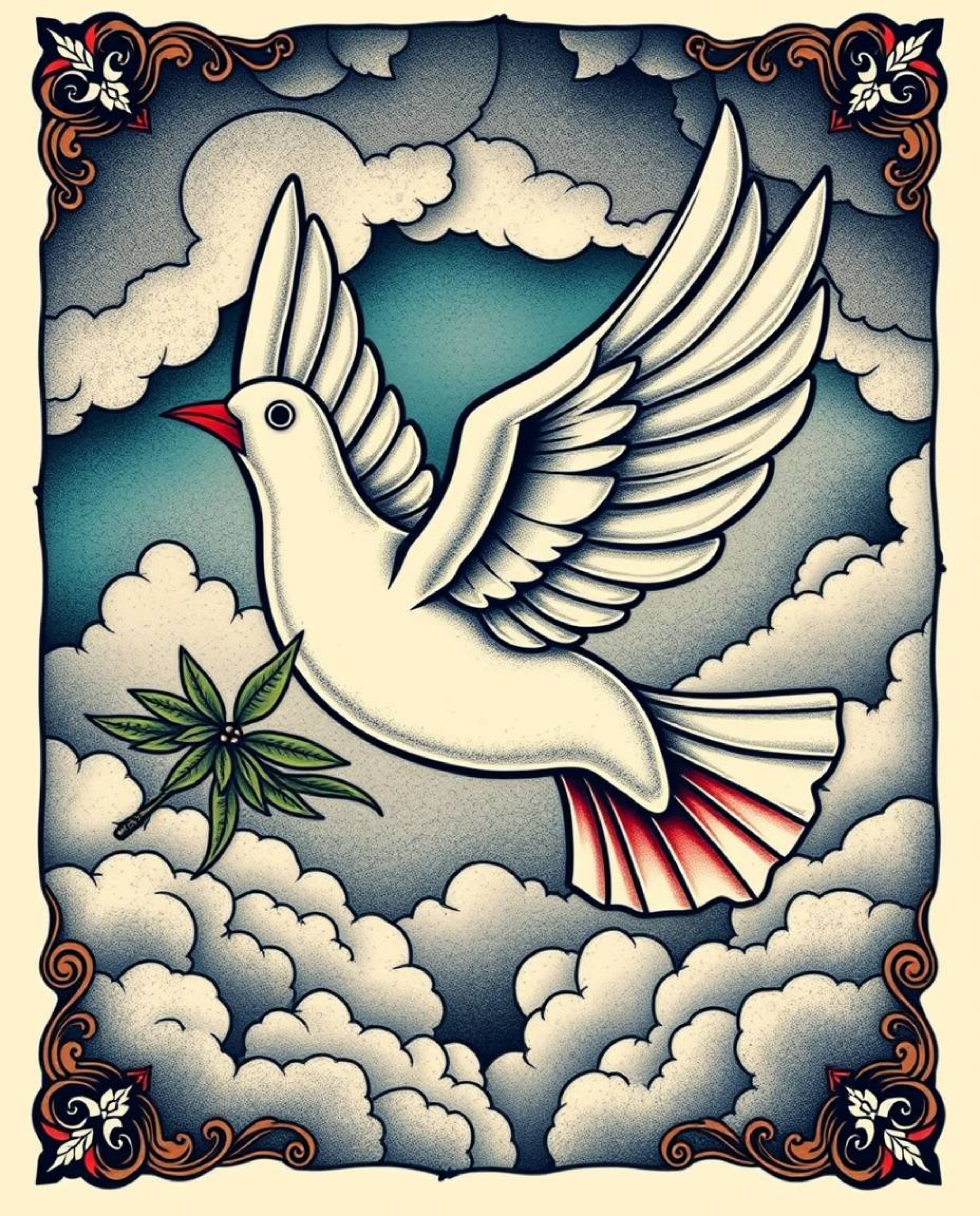 This vibrant traditional tattoo art print depicts a dove carrying an olive branch through stormy skies, imbued with a retro f